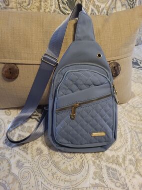Quilted Light Blue Sling Crossbody Bag with Gold Accents
